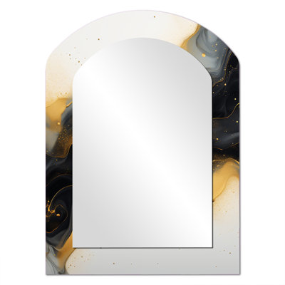 Or et marbre noir Essence IV - miroir asymétrique en marbre, miroir mural unique à arche dorée, impression sur métal