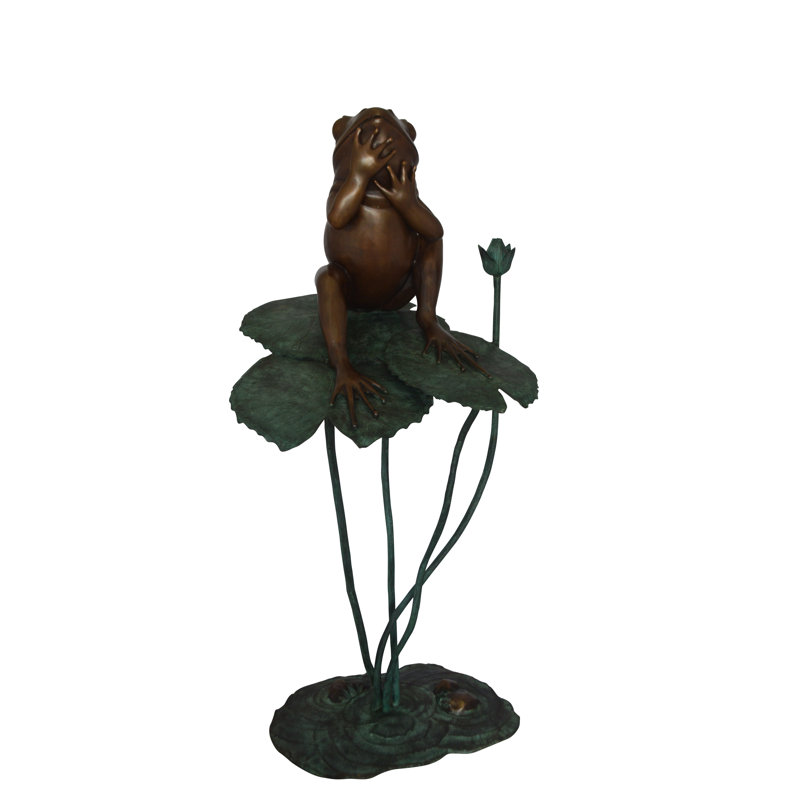 Statue de grenouille en bronze avec lotus - Taille: L 22 po x l 20 po x H 44 po.