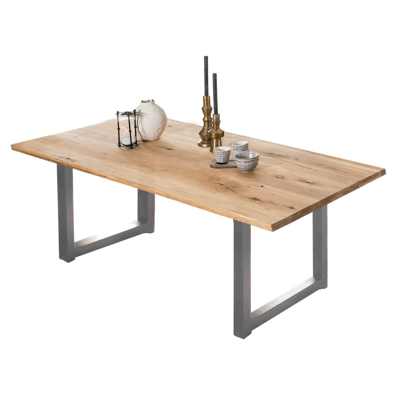 Meadow Oak Solid Wood Top Metal Base Dining Table, H75 x L220 x W100cm, Silver