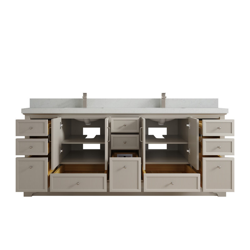 Meuble-lavabo double avec plateau Alys 84 (option boutons), Quartz de Carrare