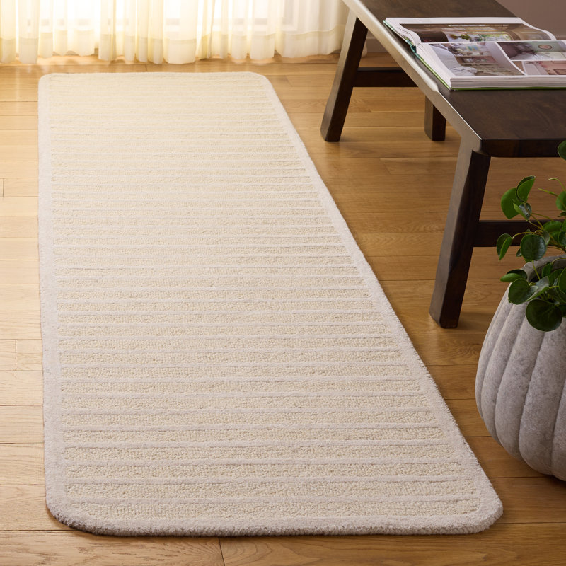 Tapis rayé beige / ivoire en laine / coton touffeté à la main Ebony, Tapis de couloir 2 pi 3 po x 8 pi