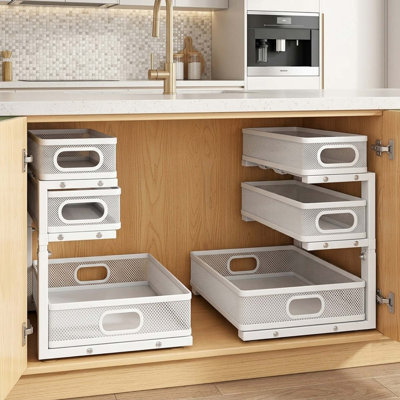 2-Pack 3-Tier Height Adjustable Metal Under Sink Pull Out Organizer Shelf with Sliding Drawer for Bathroom Kitchen Pantry
