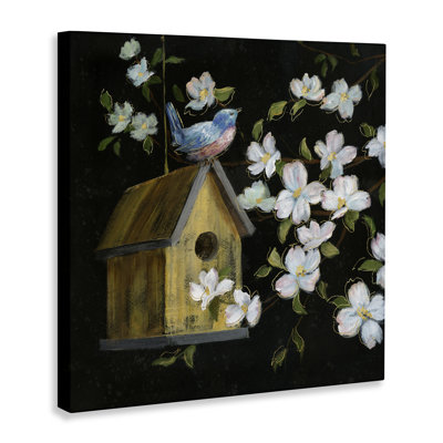 «Night Song Birdhouse» sur toile noire, design par Nan