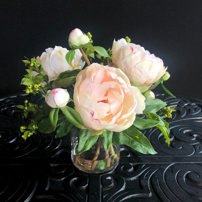 Faux peony arrangement in vase, Light Pink