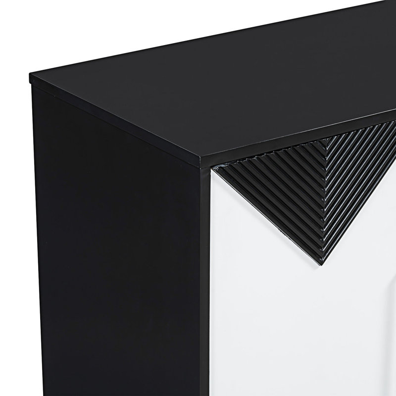 Unique Four-Door Cabinet With Two-Tone Triangular Pattern Doors, Entryway Cabinet, Black/White