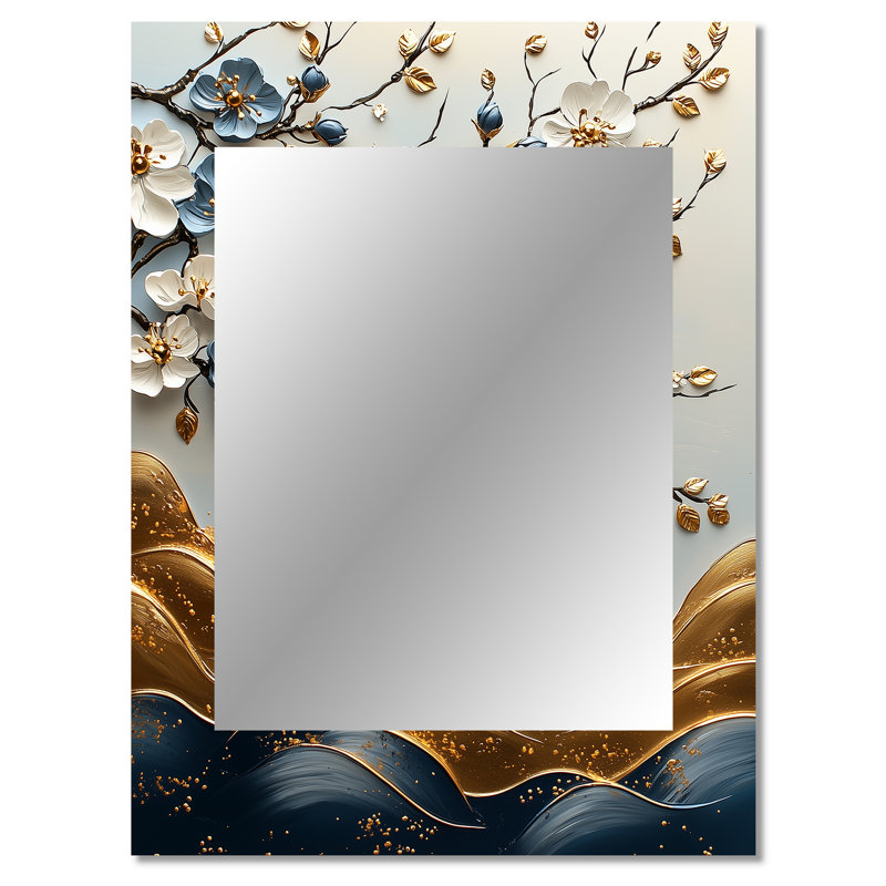 Branches de cerisier bleu doré II - décor de miroir mural unique, grand miroir traditionnel, art en métal imprimé
