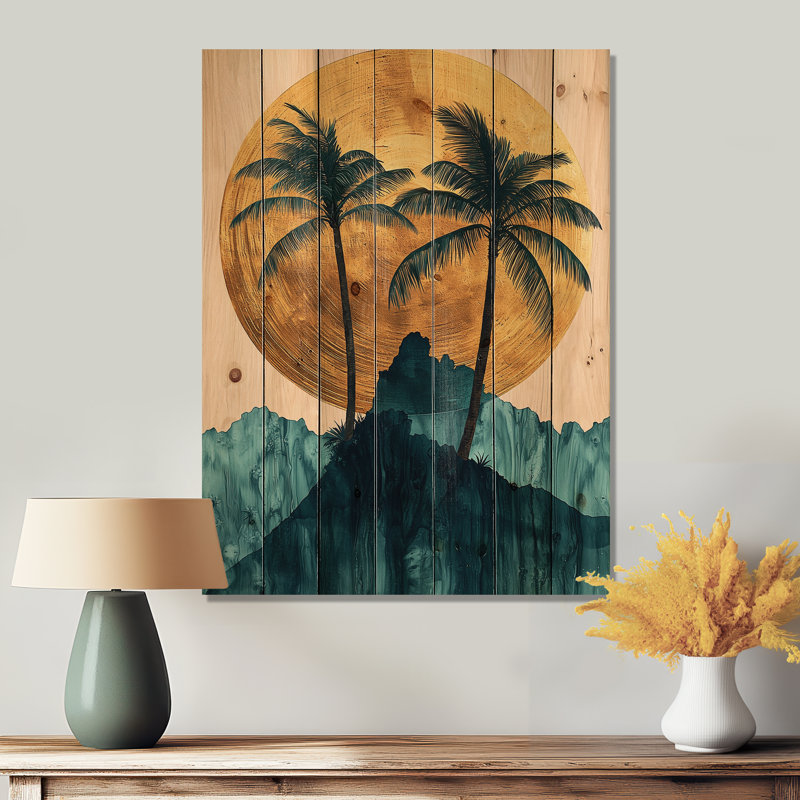 Emerald Palm Trees On Golden Tropical Sunrise II - Palms & Palm Trees Wood Print, 20" H x 10" W x 0.78" D