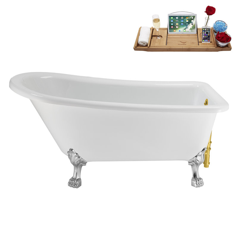 58" Streamlin Clawfoot Tub,Tray,Drain, Clawfeet, Polished Chrome, Polished Gold