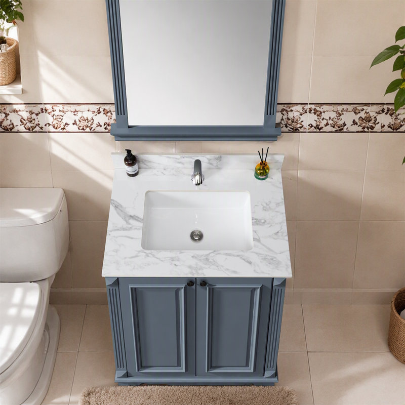 Dessus de meuble-lavabo 43 po x 22 po, comptoir en pierre frittée blanc Carra avec lavabo rectangulaire encastré en céramique avec dosseret de meuble-lavabo et comptoir
