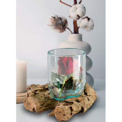 Vase en teck et verre Loon Peak®, vase cylindrique sur souche de teck naturel - décor rustique polyvalent pour fleurs fraîches, pot de fleurs succulentes et décorations bohémiennes, 13 po de long, 11 po de large et 7,5 po de haut