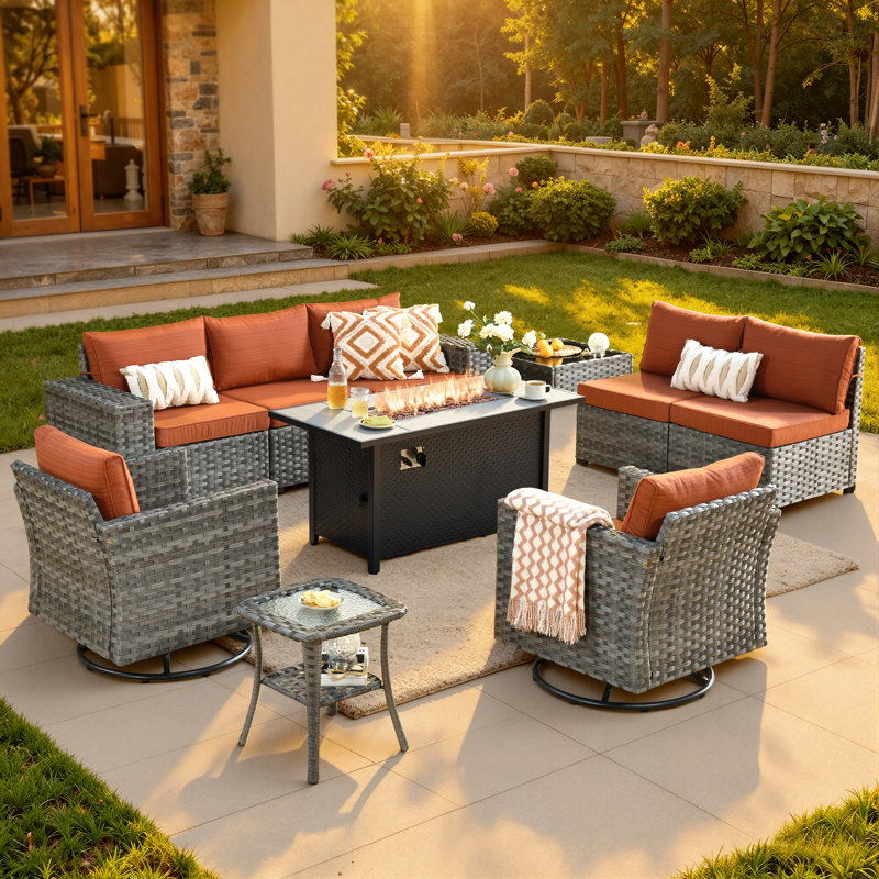 Bobia Wicker 7 - Person Modular Patio Conversation Set with Cushions, Orange