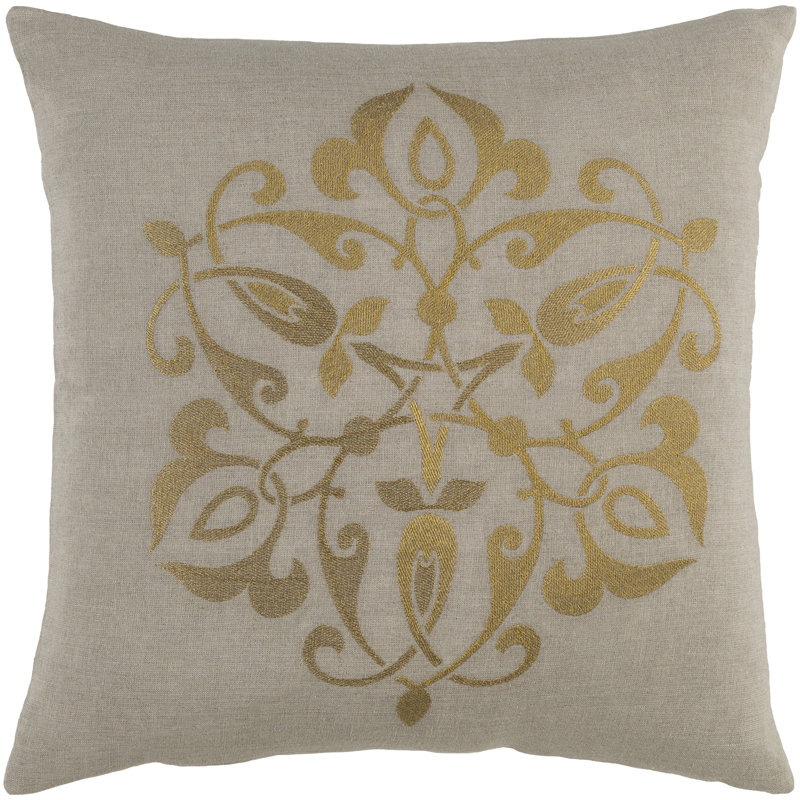 Damask Throw Pillow, 20" H x 20" W x 4" D, Gold/Light Gray