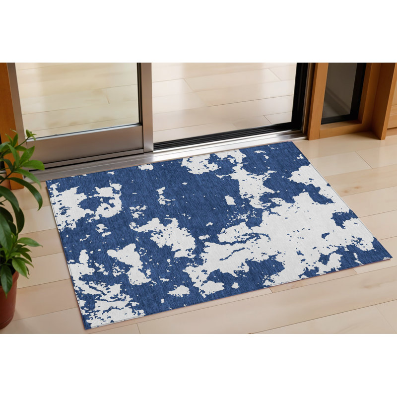3' X 5' Navy Blue And Ivory Abstract Washable Indoor Outdoor Area Rug