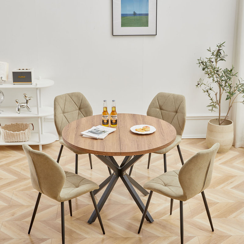 Modern Simple Round Solid Wood Dining Table Set - Set Of 4 Diamond Pattern Velvet Dining Chairs - Metal Legs - For Living Room/Bedroom
