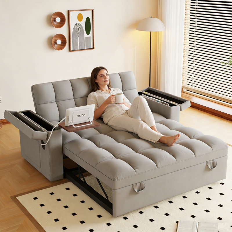 Canapé-lit convertible 65 po avec USB et rangement, Gris clair