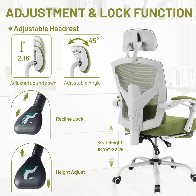 Home Office Desk Chair With Footrest, High-Back Mesh Rolling Swivel Reclining Chairs With Wheels, Comfortable Headrest, Lumbar Support, Comfy Arms For Home, Office, Gaming, Student