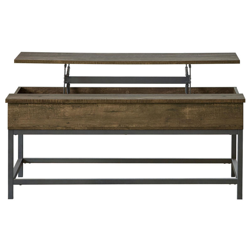Table basse à plateau relevable en chêne brun et noir avec rangement caché, parfaite pour la vie moderne et la gestion de l'espace.