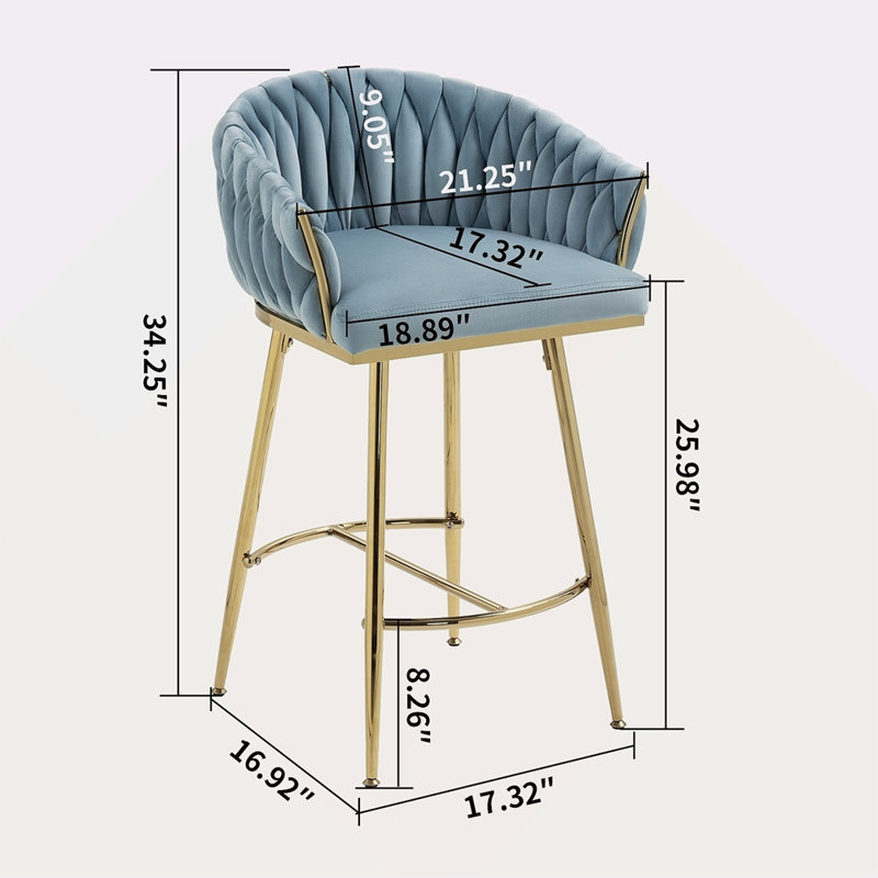 Ensemble de 2 tabourets de bar à hauteur de comptoir, tabouret de bar en velours pour îlot de cuisine avec dossier ondulé à la main, base chromée dorée et repose-pieds