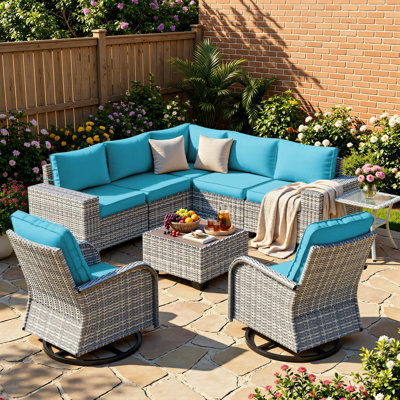 9-Piece Outdoor HDPE Wicker Patio Conversation Set With Wide Armrests, Sectional Sofa & Swivel Chairs