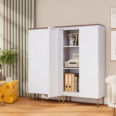 Kitchen Pantry Cabinet, 47.5" Metal Storage Cabinet with Doors | 3 Tier, Adjustable Shelves, Handleless Design, Magnetic Door, Small Cupboard for Kitchen Storage, Dining Room, White