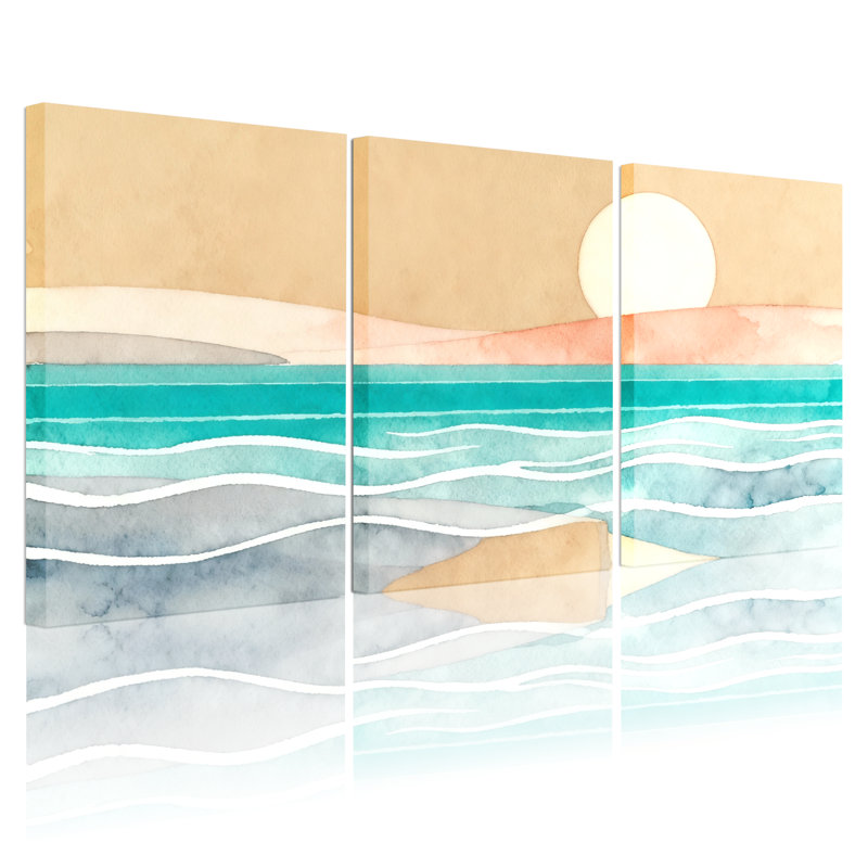 «Nautical & Beach Sunset Ocean Waves Sky Sand Horizon», ensemble de 3 impressions sur toile, H 18 po x l 36 po