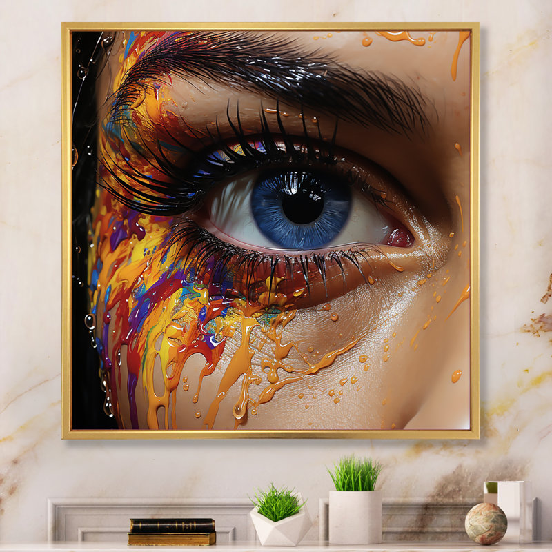 «Colorful Woman Eye Crying I», reproduction d'art sur toile, 36" H x 36" W, Cadre flottant doré
