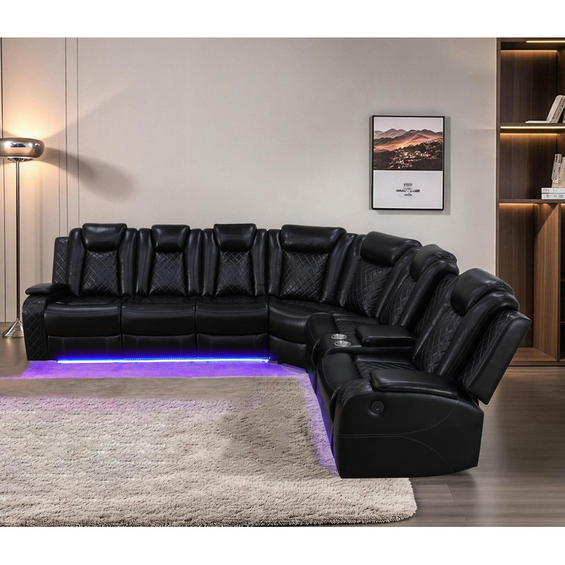 3-Pieces 210”Breathing Leather Power Reclining Theater Sectional with Wireless Charger, Reading Light and LED Lighting