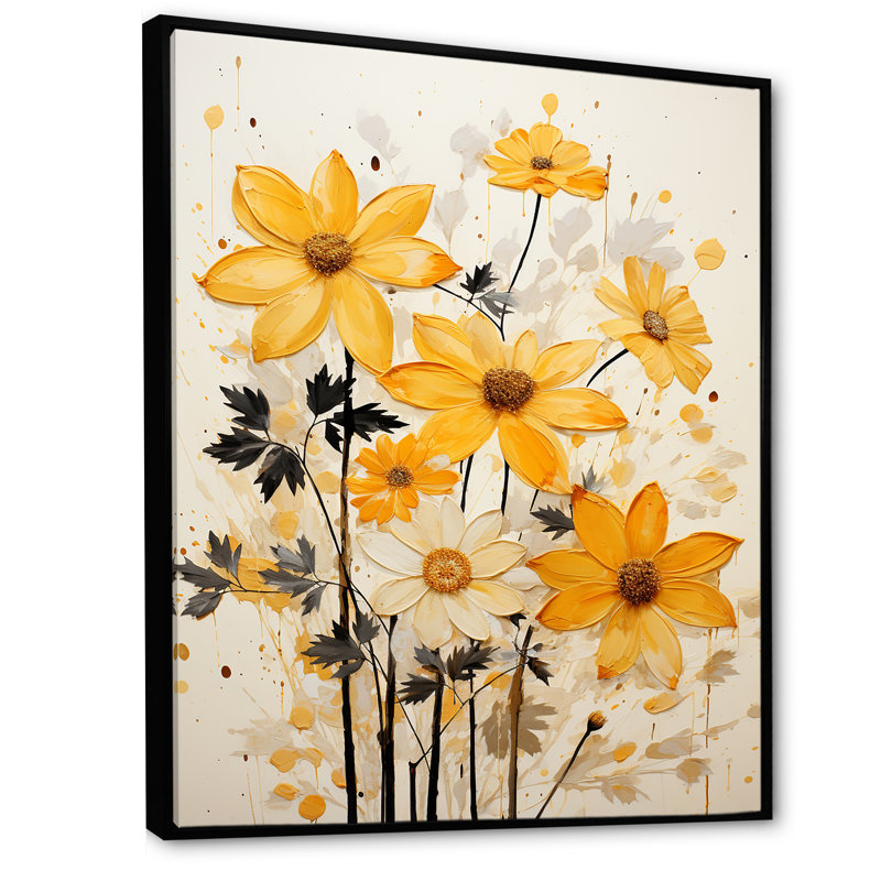 Minimalisme, fleurs orange sur toile, Cadre flottant noir, H 40 po x l 30 po x P 1,5 po