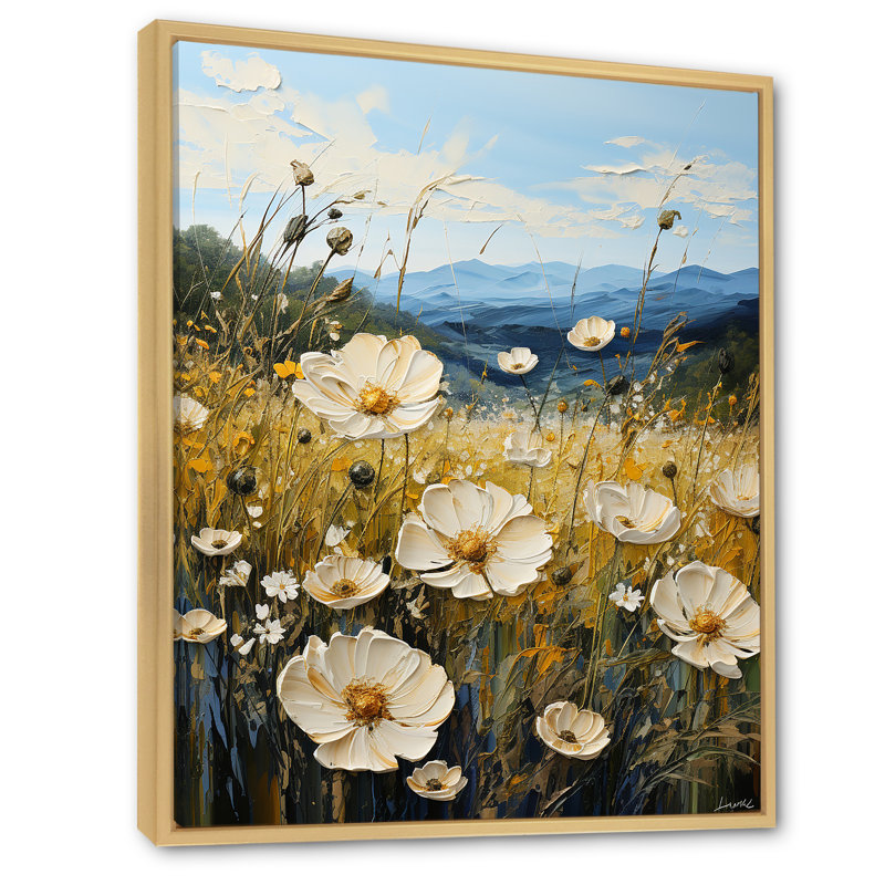 Buttercups Flowers Mountain Landscape sur toile, Cadre naturel flottant, H 40 po x l 30 po x P 1,5 po