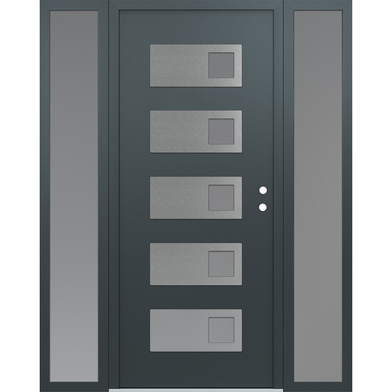 D2 Left-Hand 68 In. X 80 In. Panel Silver Steel Anthracite And Anthracite Frosted Glass With 2 Sidelites Frosted Glass Prehung Front Entry Door