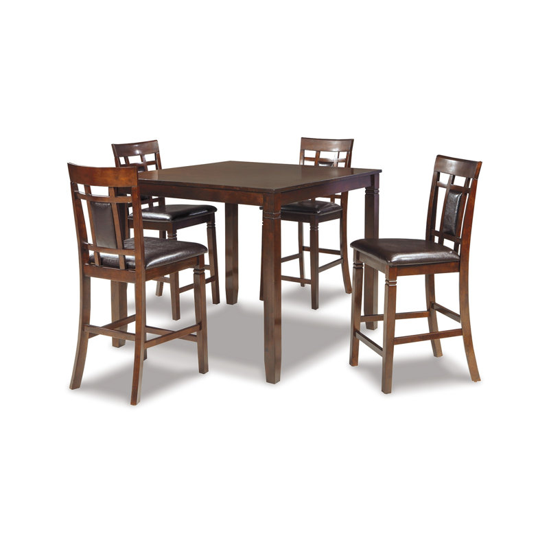 Noxx 5Pc Counter Height Dining Table Set, Brown Wood, Faux Leather
