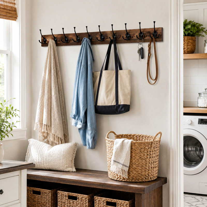 Rustic Wood Wall Mounted Coat Rack with Hooks
