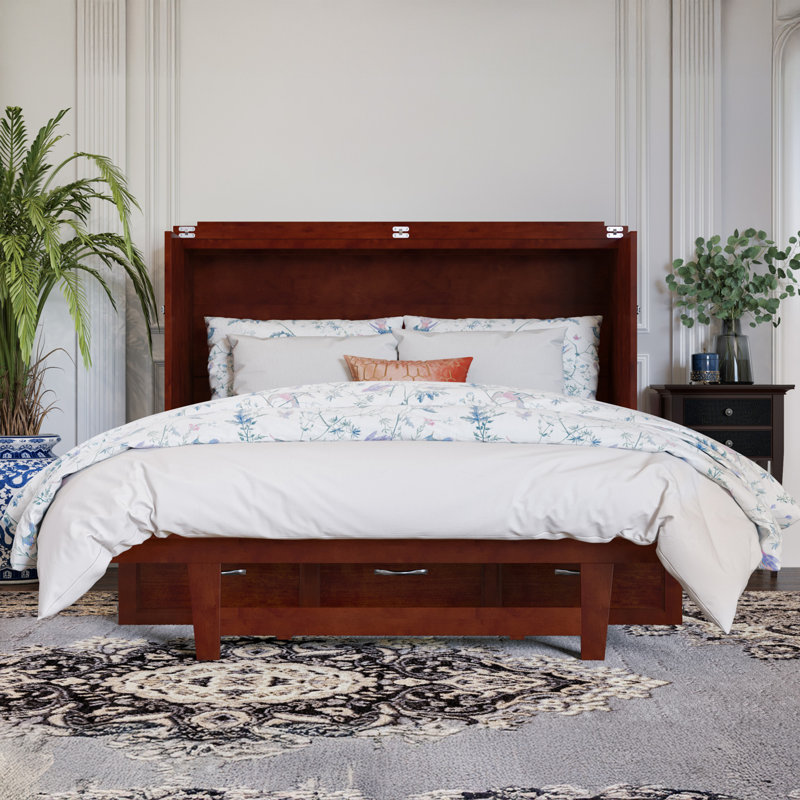 Commode lit escamotable en bois Vivian avec tiroir de rangement et chargement USB, Double, Noyer