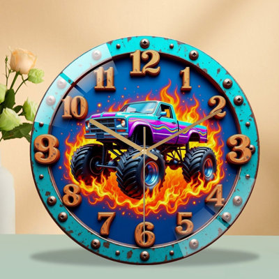 Riveted turquoise distressed industrial wall clock with fiery colorful monster truck print, sleek flat bronze 2D numerals, silent sweep quartz & tempered glass front. Bold off-road racing decor perfect for garages, mechanic shops and truck fans’ dens.
