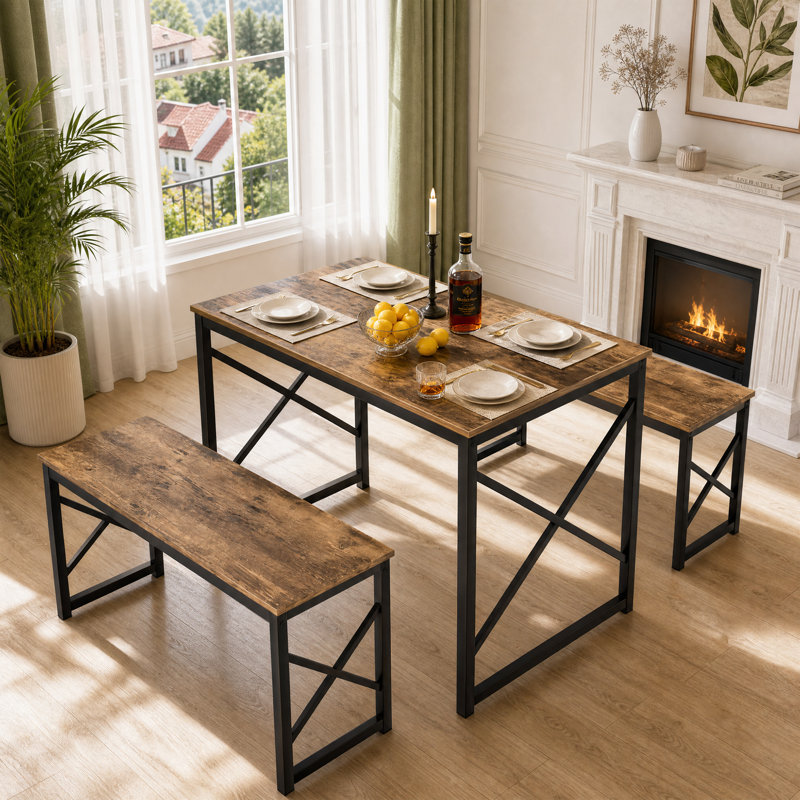 3-Pieces Dining Table Set, Rectangle Dinette With 2 Benches, Metal Frame For Dining Room, Living Room, Brown