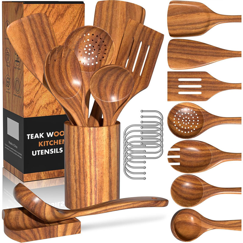 Ensemble d'ustensiles de cuisine en teck naturel avec porte-cuillères 10 pièces