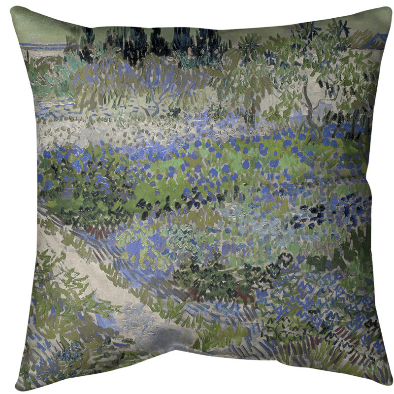 Coussin Euro Â« Jardin fleuri avec sentier Â», Bleu, Bourre en polyester, Faux lin