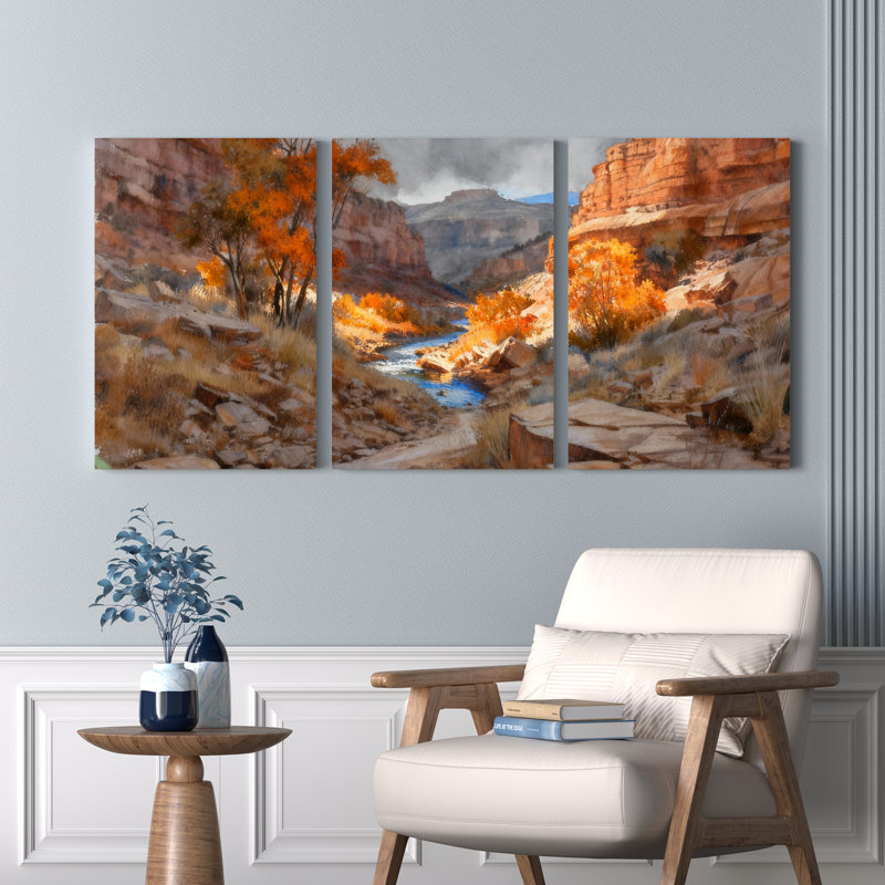 Ensemble de 3 tableaux sur toile représentant un paysage d'automne dans un canyon, H 24 po x l 48 po