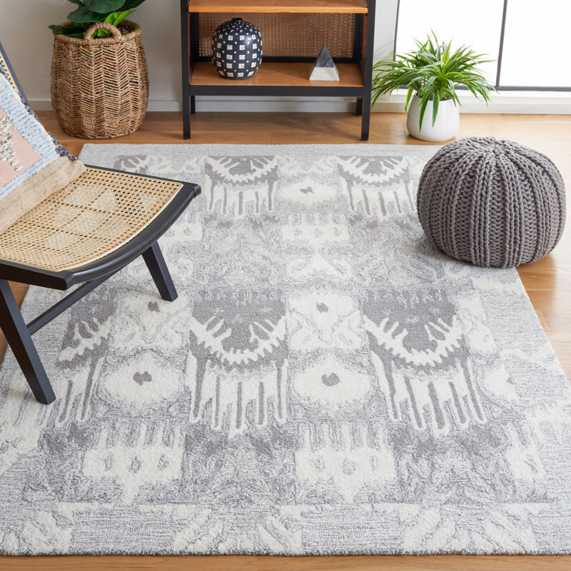 Ikat Hand Tufted Wool/Cotton Ikat Rug in Light Gray/Ivory, Rectangle 8' x 10'
