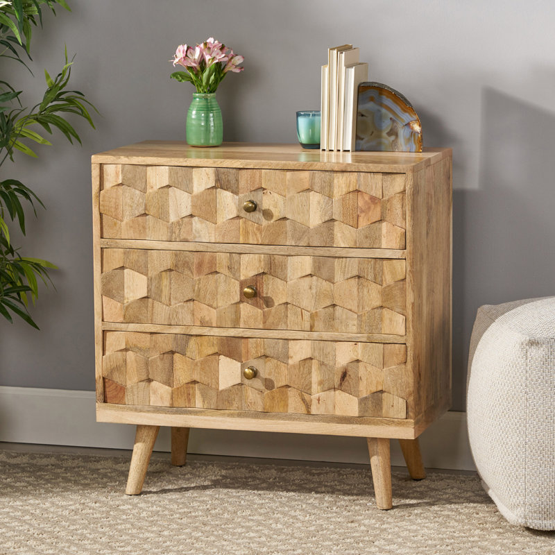 Poppy Mid-Century Mango Wood 3-Drawer Chest with 3D Weave