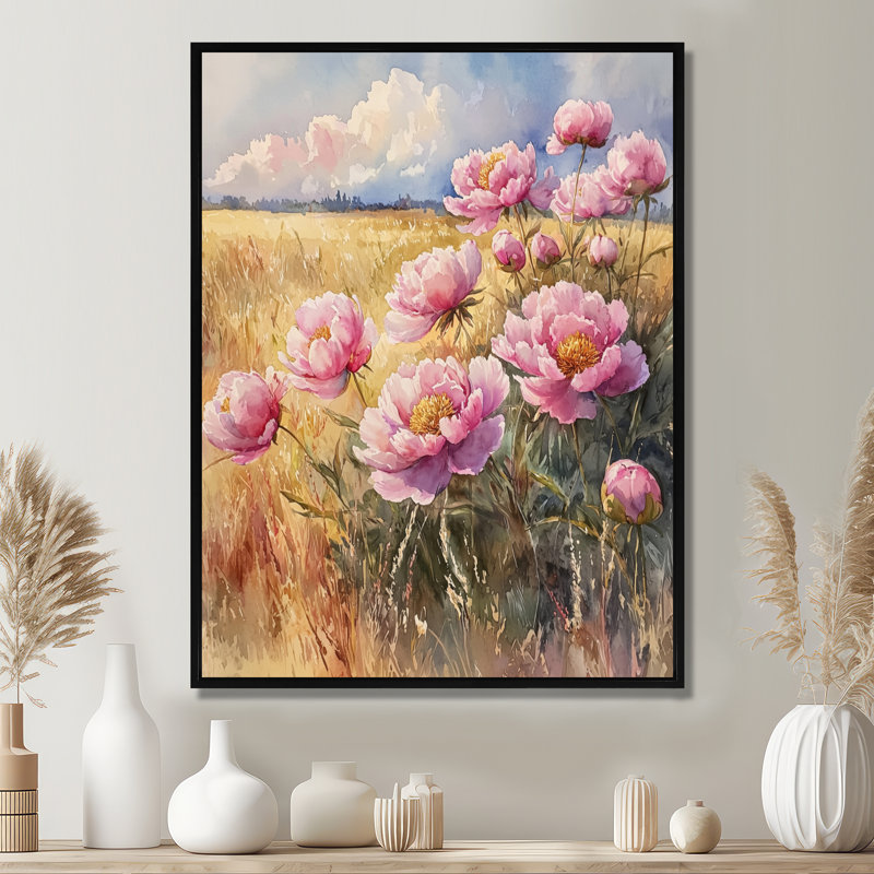 Pivoines dans le champ d'été III - pivoines, art mural, Noir, Reproduction avec cadre flottant, H 20 po x l 12 po