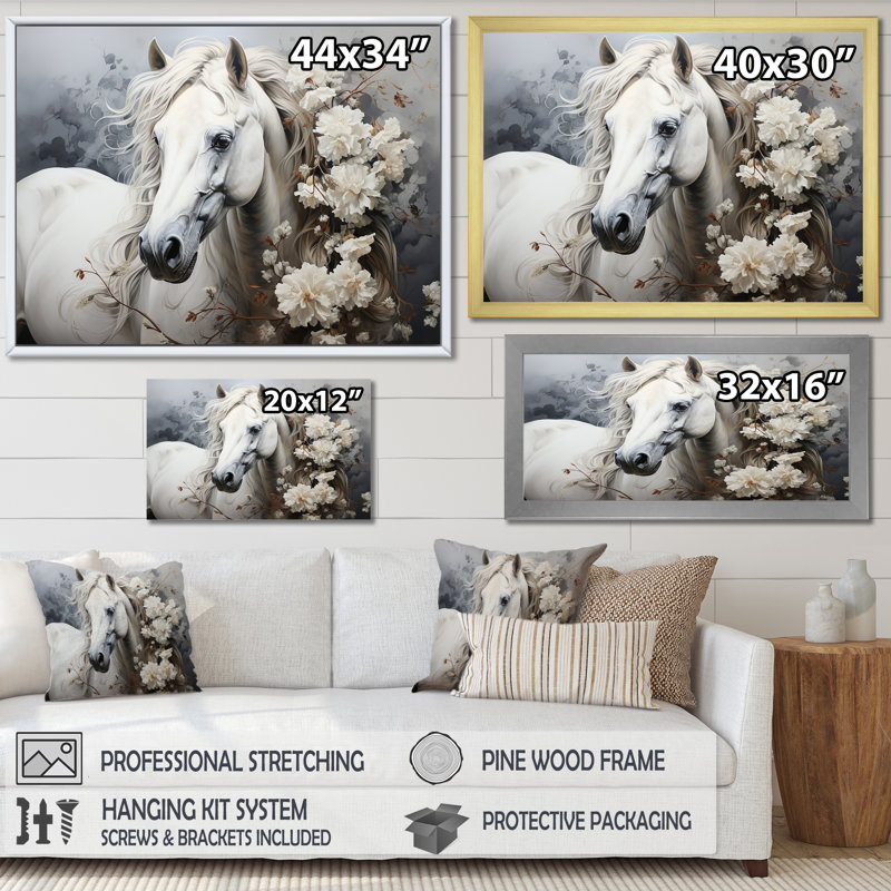 Majestic Flower Beauty Horse III - cheval, art mural encadré, 34" H x 44" W, Toile tendue