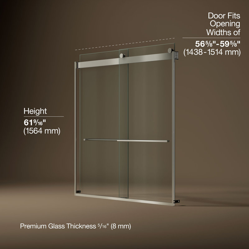 Levity Plus Less Sliding Bath Door, 61-9/16 In. H X 56-5/8 - 59-5/8 In. W, With 5/16 In.-Thick Crystal Clear Glass, Nickel