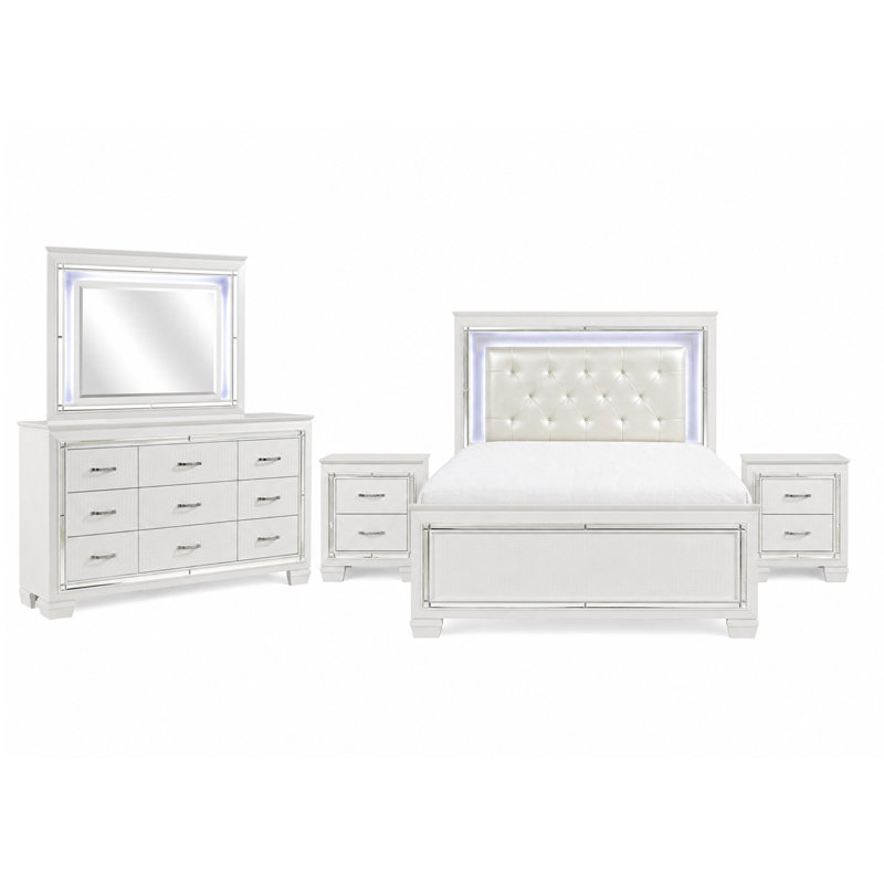 Ensemble de chambre avec très grand lit californien, rangement de tiroir, blanc, ensemble 5 pièces avec 2 tables de chevet, commode et miroir