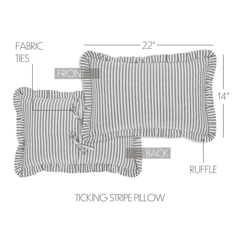 Black and White Cotton Ruffled Ticking Stripe Pillow 14x22