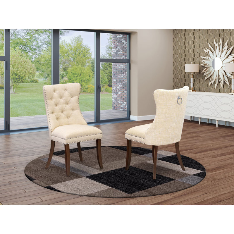 Denison Parson Dining Chairs - Button Tufted Nailhead Light Beige Polyester Fabric Upholstered Chairs, Set of 2, Mahogany