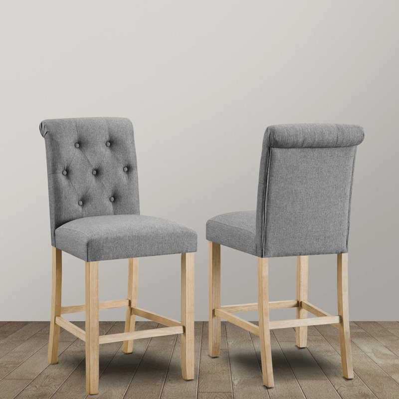 Tabourets gris à hauteur de comptoir, dossier à 2 boutons, fabrication en bois massif, siège pour 2 personnes, dossier et cuisine remarquablement rembourrée