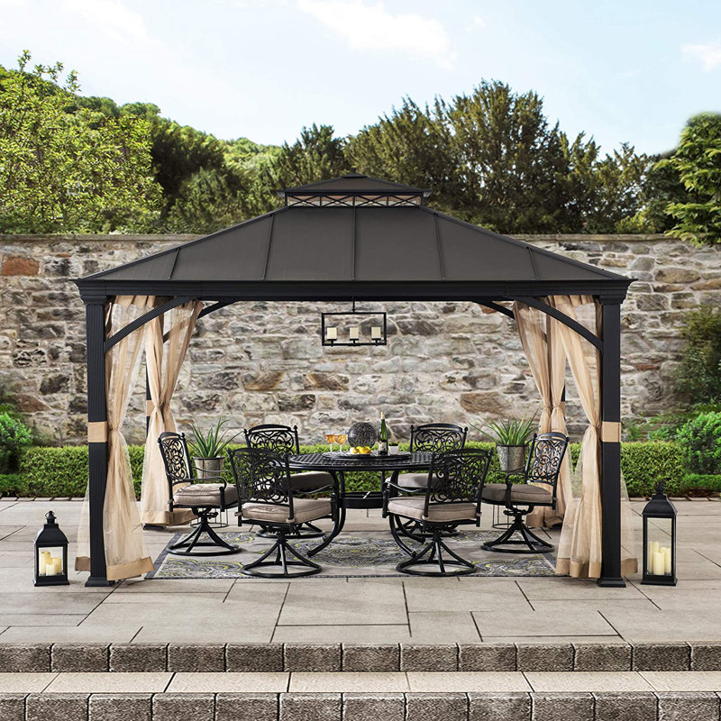 Sunjoy 10 x 12 ft Metal Gazebo with Black Rustproof Aluminum Frame Two Tier, Ceiling Hook and Mosquito Net
