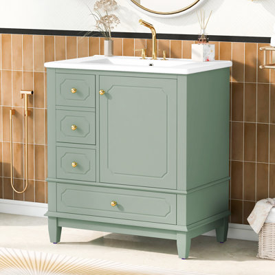 Meuble-lavabo autoportant de 76 cm avec lavabo, porte à fermeture en douceur, 3 tiroirs, vert pâle