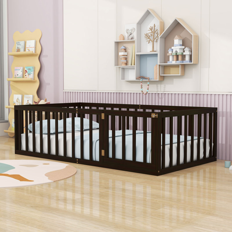 Twin Size Wooden Floor Bed With Door And Circle Of Fences, Walnut